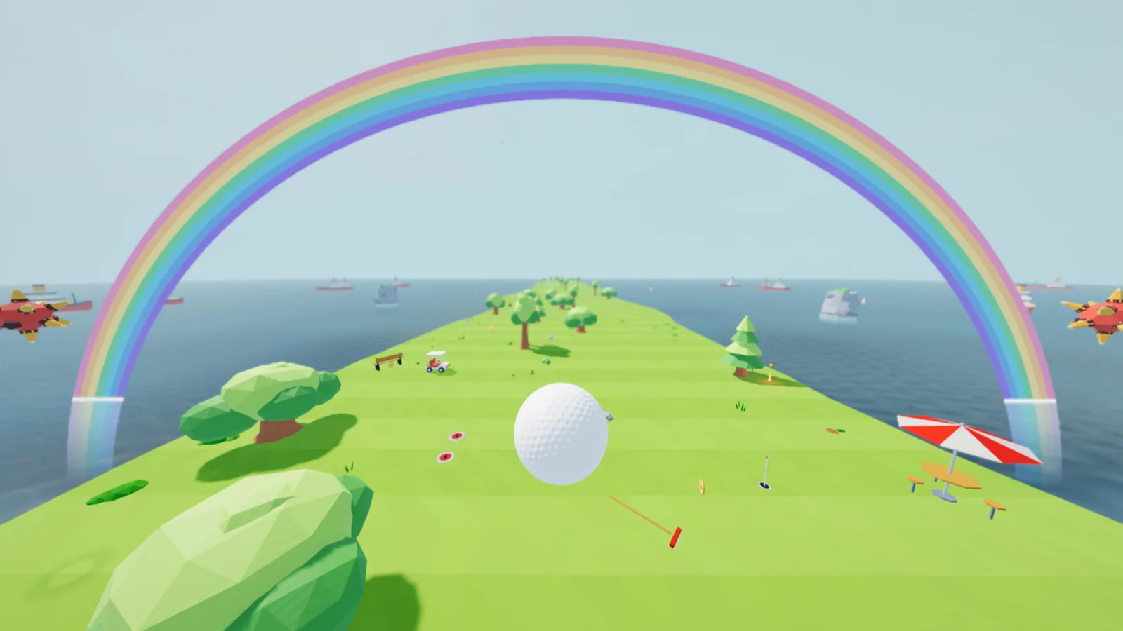 Golf-Like gameplay: a rainbow arching over a green course