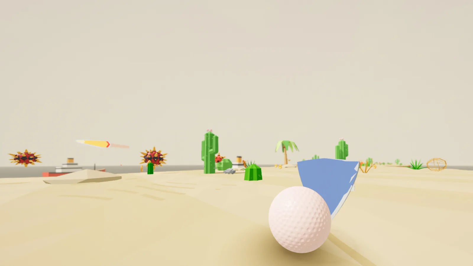 Golf-Like gameplay: aiming a golf ball across desert sand