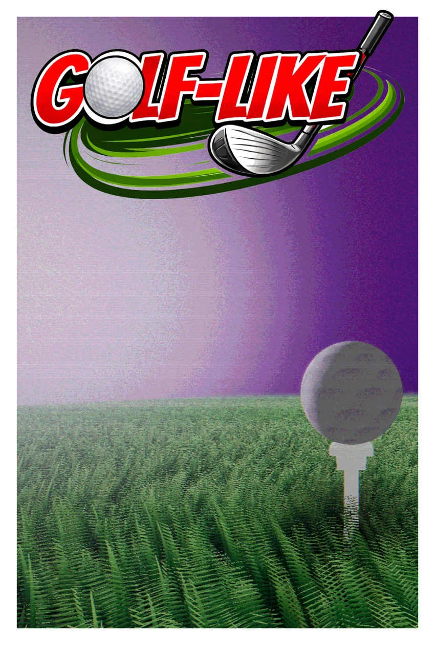 Official Golf-Like poster with the new logo and a white golf ball under a purple sky