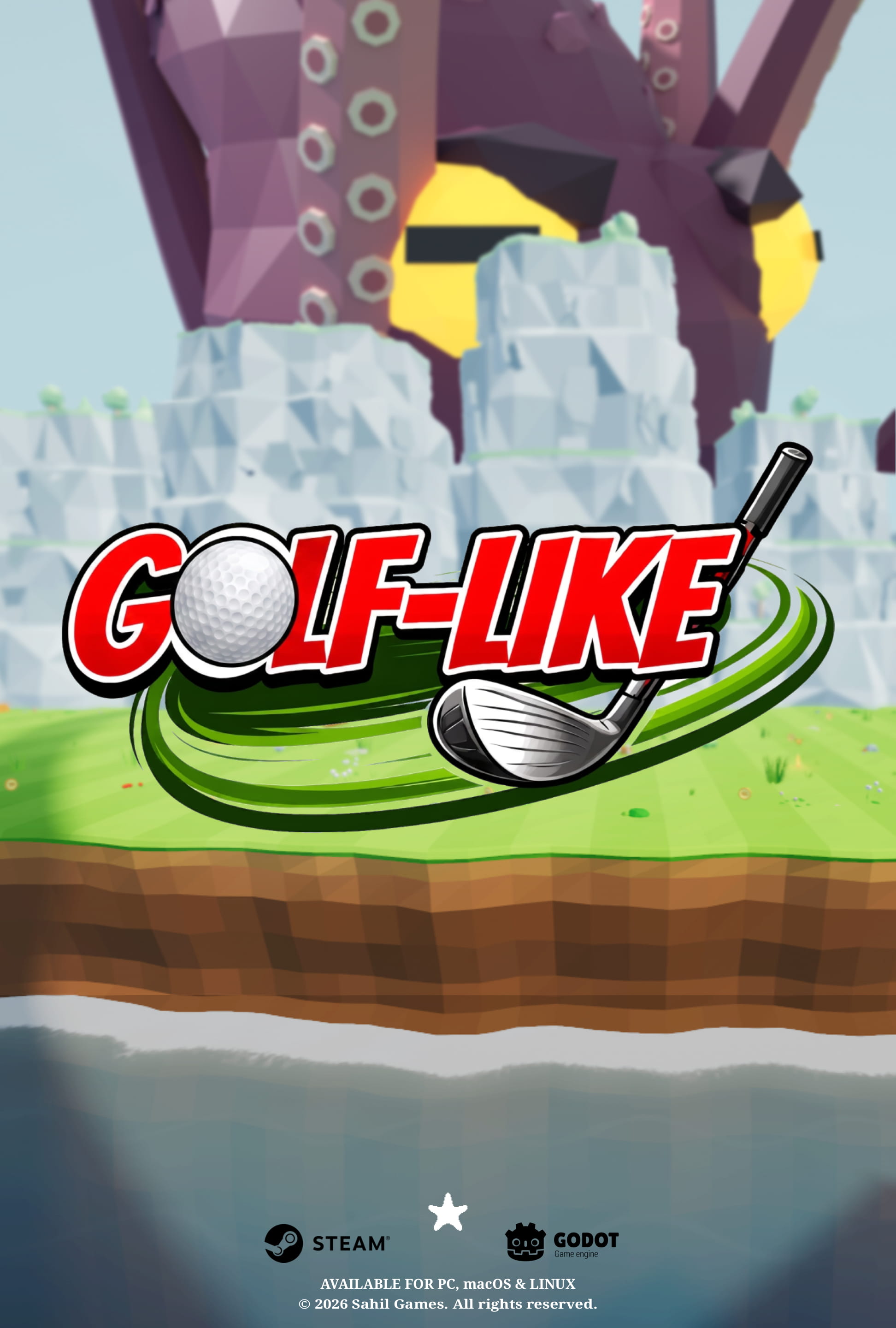Alternate Golf-Like poster with the logo over a grassy cliff and a giant purple kraken behind the rocks