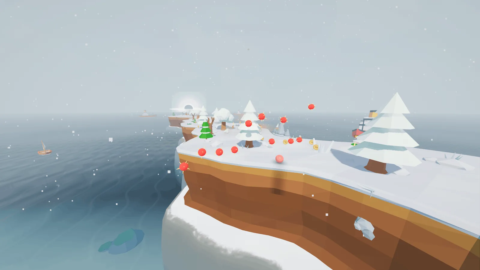Golf-Like wallpaper: snow-covered course with pine trees and red mines